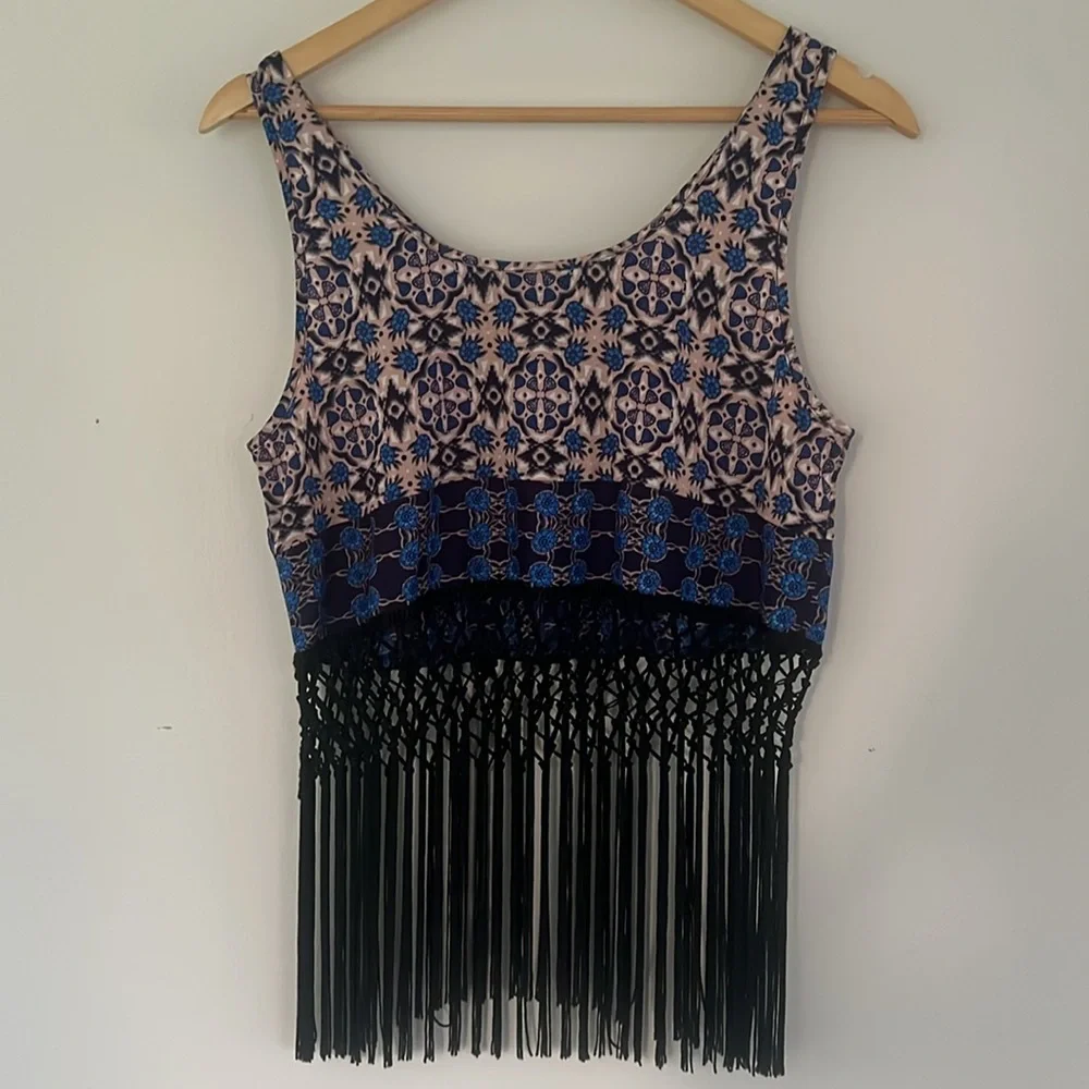 Topshop fringe pink and blue bohemian print festival top sz 6
